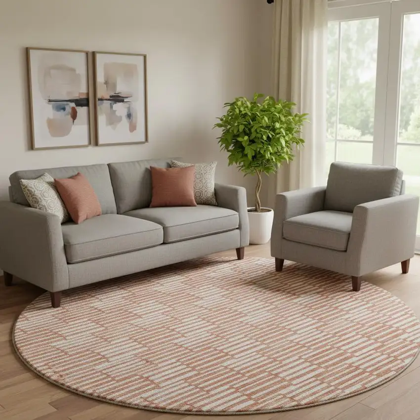 8' Salmon And Beige Abstract Geometric Washable Round Rug With UV Protection Photo 1