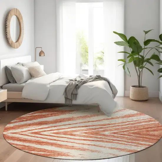 8' Salmon And Beige Abstract Washable Round Rug With UV Protection Photo 5