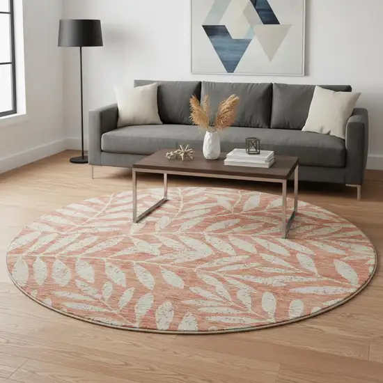 8' Salmon And Beige Floral Washable Round Rug With UV Protection Photo 2