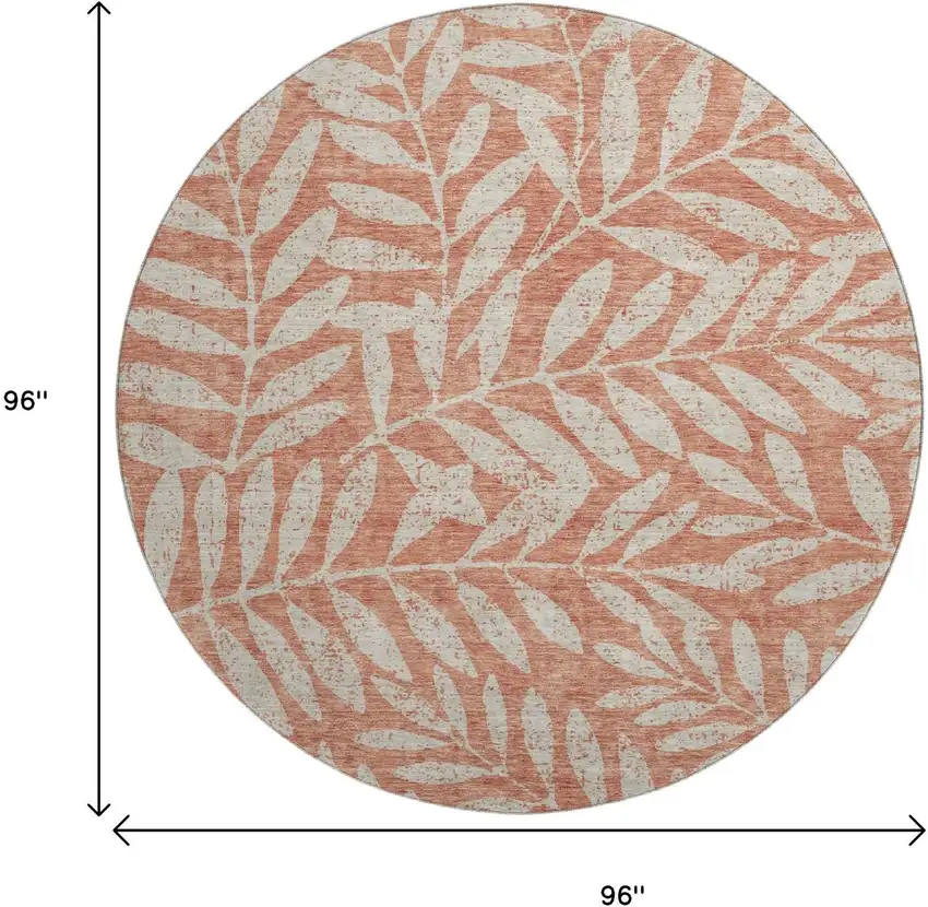 8' Salmon And Beige Floral Washable Round Rug With UV Protection Photo 8