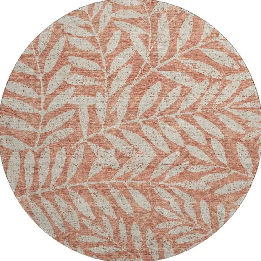 8' Salmon And Beige Floral Washable Round Rug With UV Protection Photo 4