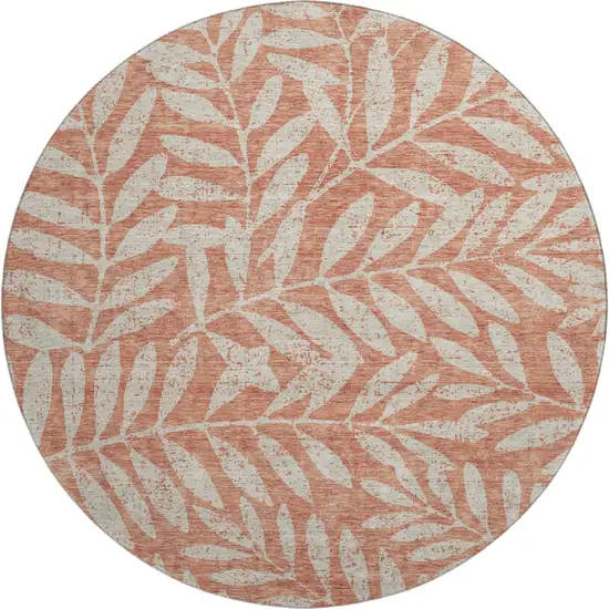 8' Salmon And Beige Floral Washable Round Rug With UV Protection Photo 1