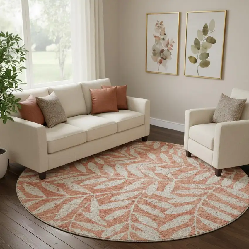 8' Salmon And Beige Floral Washable Round Rug With UV Protection Photo 1