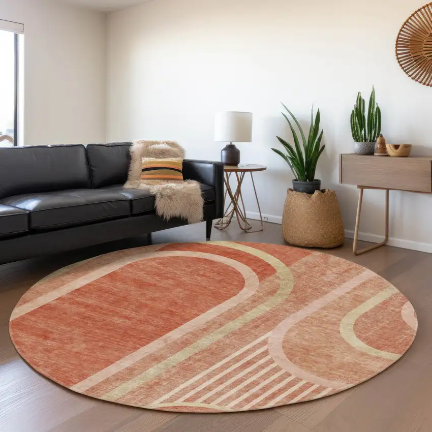 8' Salmon And Beige Geometric Washable Round Rug With UV Protection Photo 5