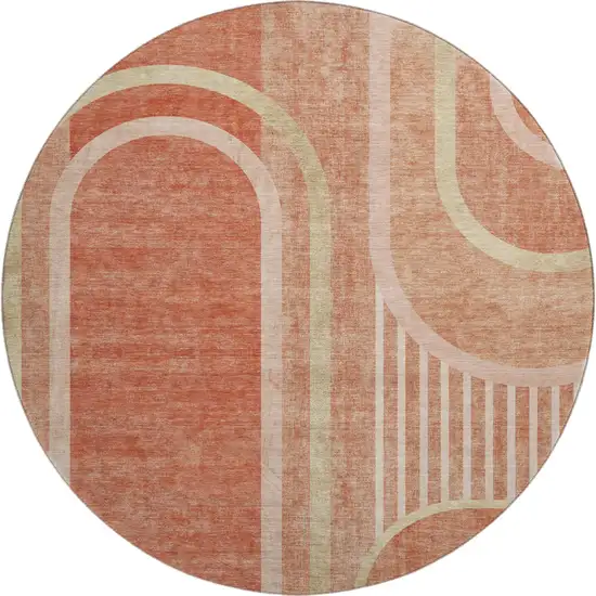 8' Salmon And Beige Geometric Washable Round Rug With UV Protection Photo 1