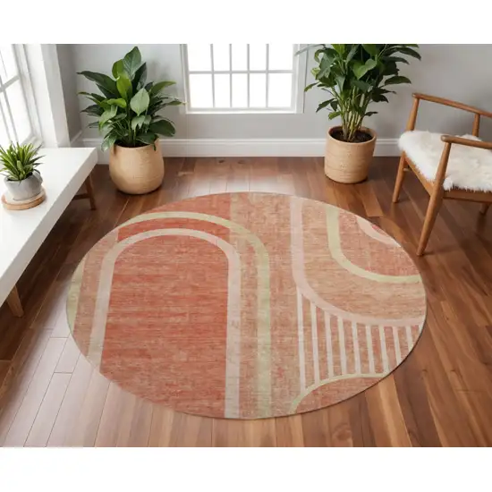 8' Salmon And Beige Geometric Washable Round Rug With UV Protection Photo 2