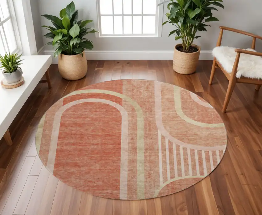 8' Salmon And Beige Geometric Washable Round Rug With UV Protection Photo 2