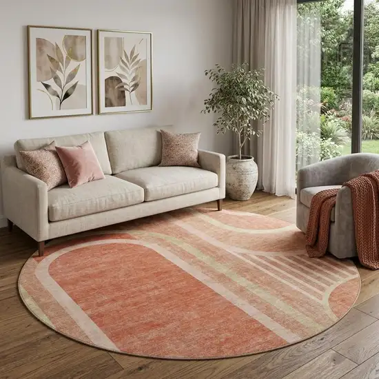 8' Salmon And Beige Geometric Washable Round Rug With UV Protection Photo 1
