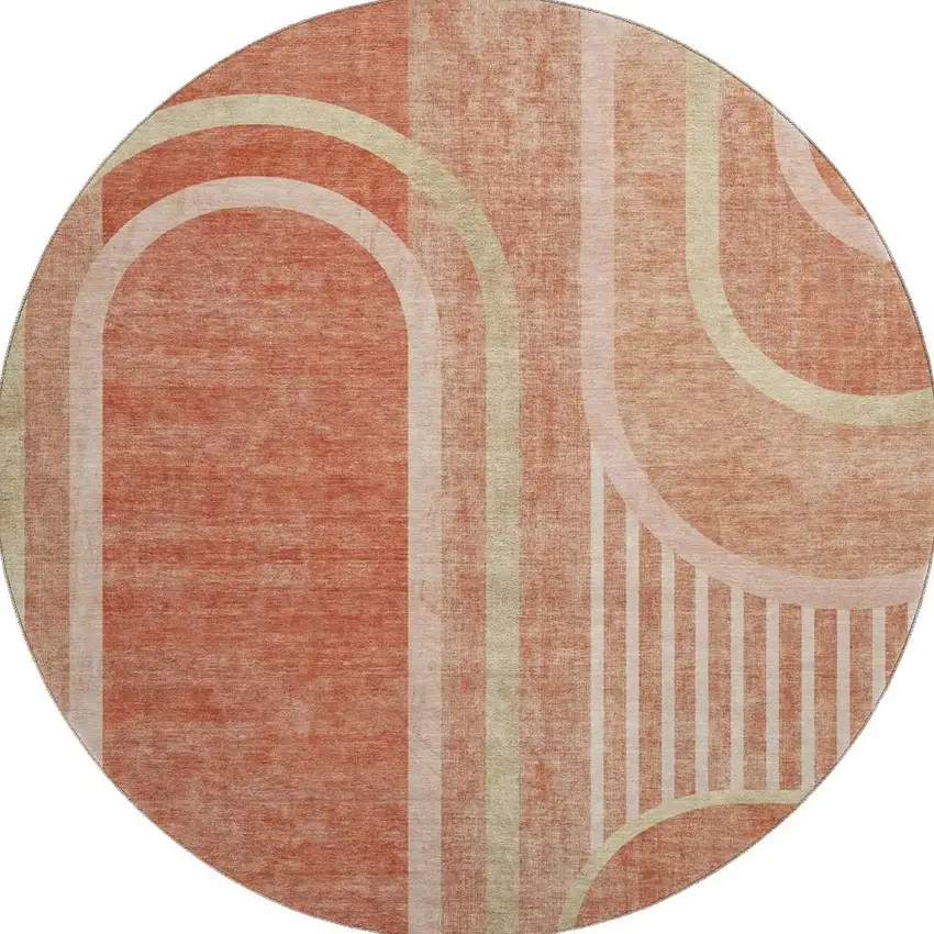 8' Salmon And Beige Geometric Washable Round Rug With UV Protection Photo 4