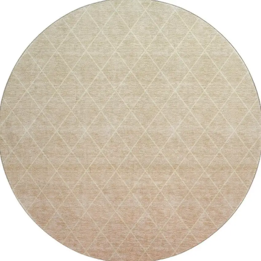 8' Salmon And Beige Geometric Washable Round Rug With UV Protection Photo 2