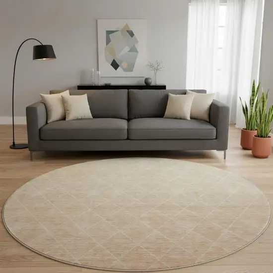 8' Salmon And Beige Geometric Washable Round Rug With UV Protection Photo 2