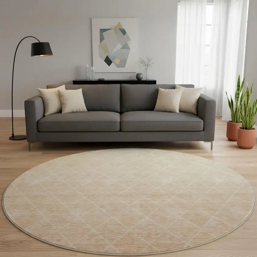 8' Salmon And Beige Geometric Washable Round Rug With UV Protection Photo 2
