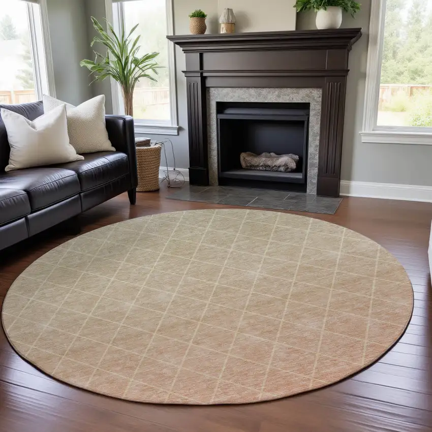 8' Salmon And Beige Geometric Washable Round Rug With UV Protection Photo 4