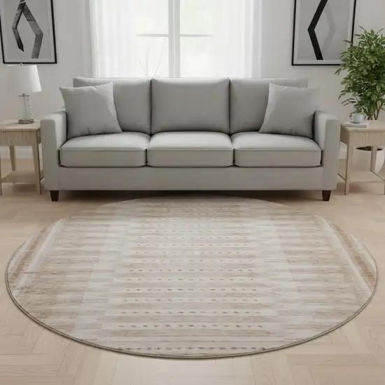 8' Salmon And Beige Geometric Washable Round Rug With UV Protection Photo 2