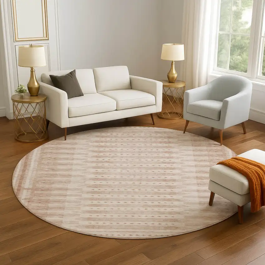 8' Salmon And Beige Geometric Washable Round Rug With UV Protection Photo 5