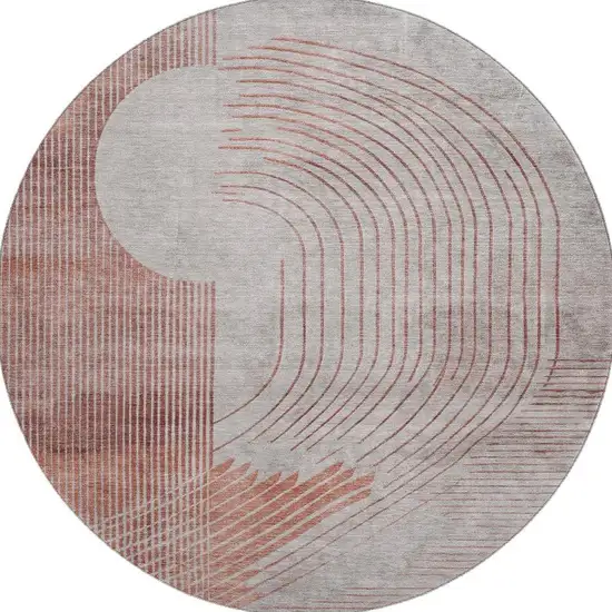 8' Salmon And Beige Geometric Washable Round Rug With UV Protection Photo 4