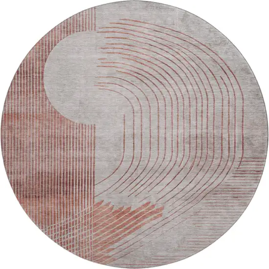 8' Salmon And Beige Geometric Washable Round Rug With UV Protection Photo 1