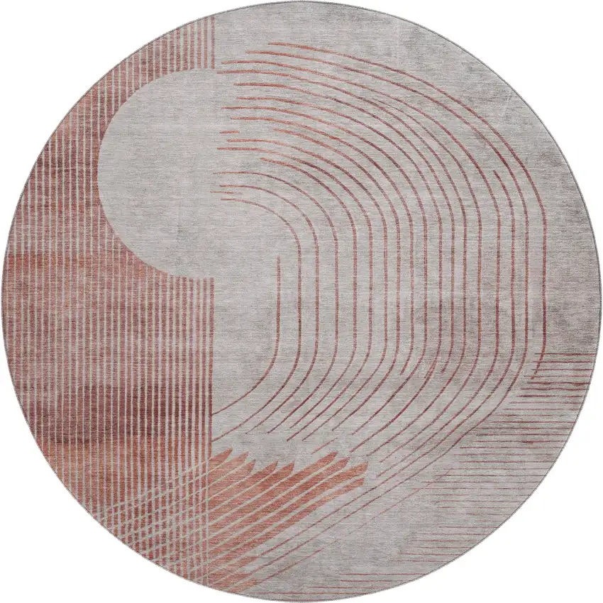 8' Salmon And Beige Geometric Washable Round Rug With UV Protection Photo 1