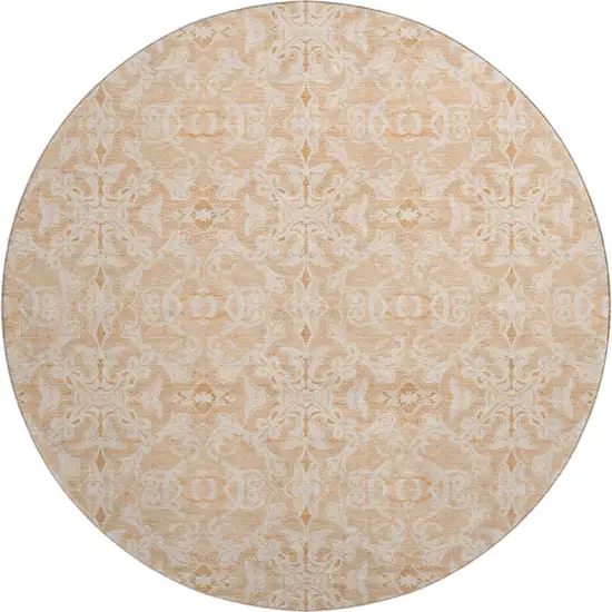 8' Salmon And Beige Medallion Washable Round Rug With UV Protection Photo 1
