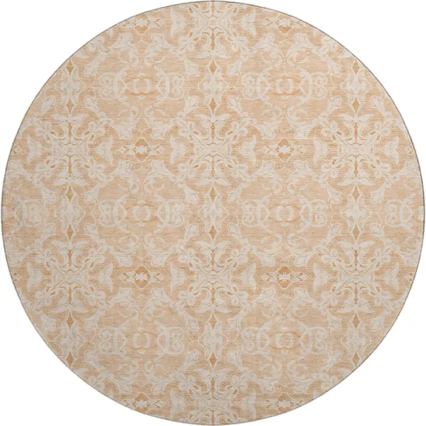 8' Salmon And Beige Medallion Washable Round Rug With UV Protection Photo 1