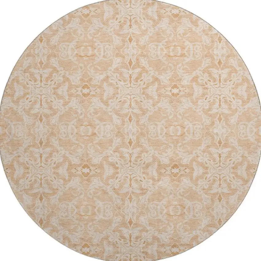 8' Salmon And Beige Medallion Washable Round Rug With UV Protection Photo 4