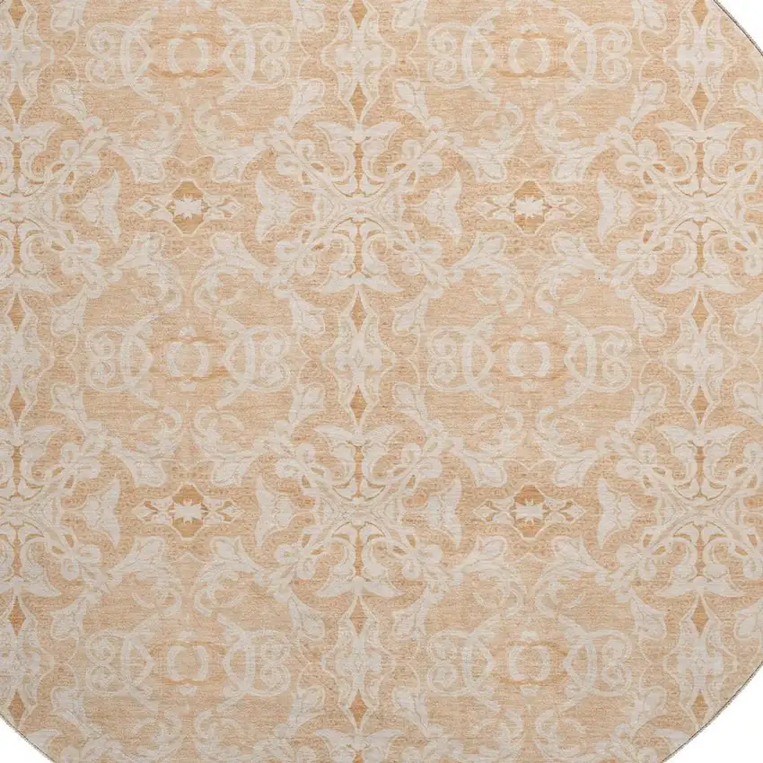 8' Salmon And Beige Medallion Washable Round Rug With UV Protection Photo 3