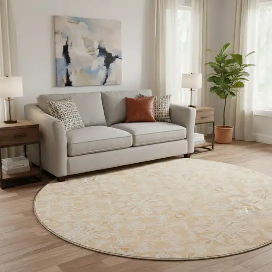 8' Salmon And Beige Medallion Washable Round Rug With UV Protection Photo 2