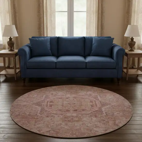 8' Salmon And Beige Oriental Washable Round Rug With UV Protection Photo 2