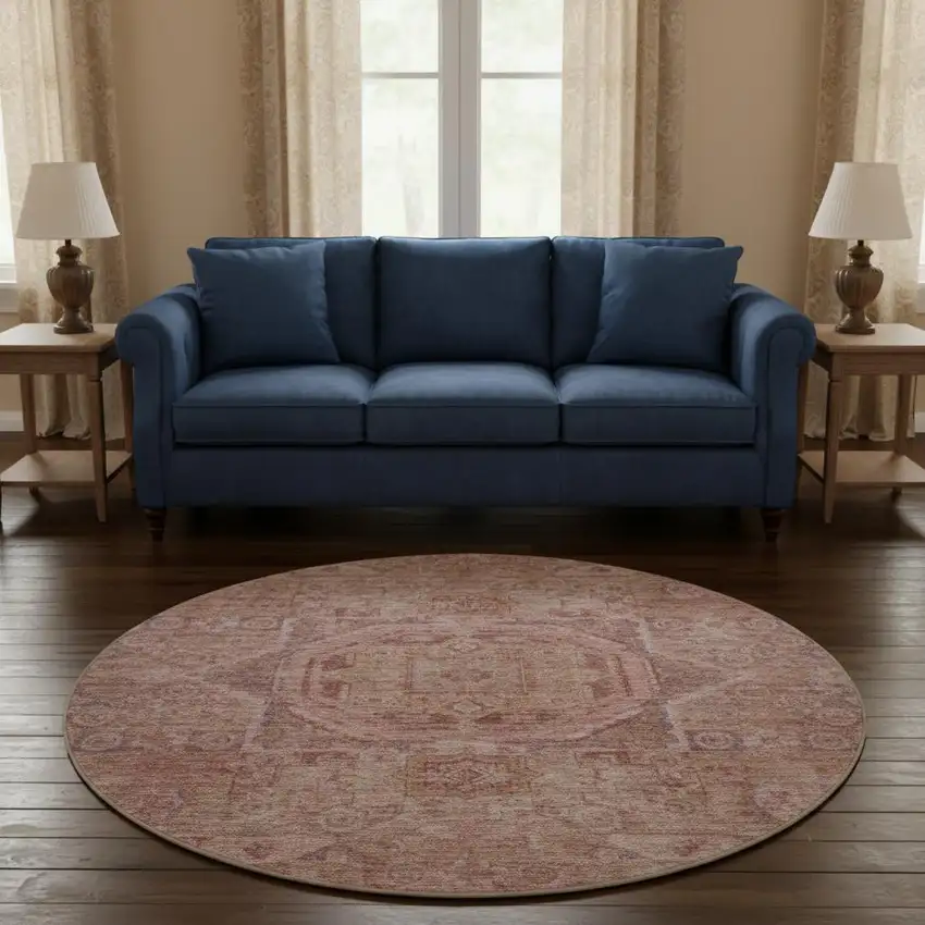 8' Salmon And Beige Oriental Washable Round Rug With UV Protection Photo 2