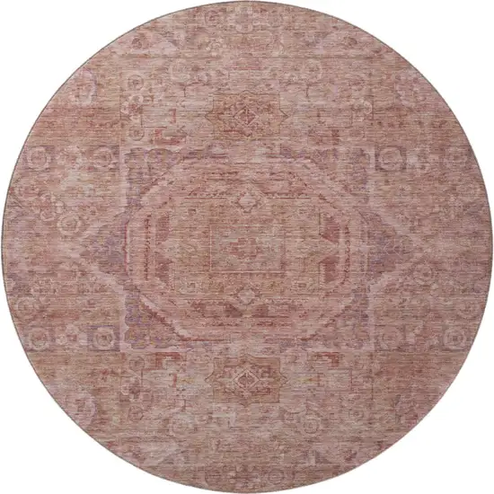 8' Salmon And Beige Oriental Washable Round Rug With UV Protection Photo 3