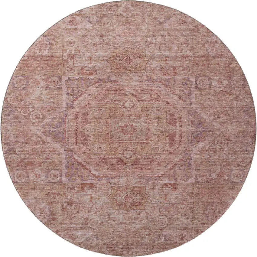 8' Salmon And Beige Oriental Washable Round Rug With UV Protection Photo 3