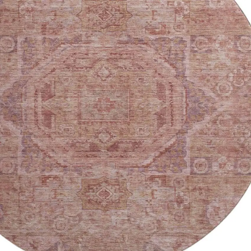 8' Salmon And Beige Oriental Washable Round Rug With UV Protection Photo 2