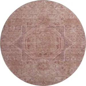 Photo of 8' Salmon And Beige Oriental Washable Round Rug With UV Protection