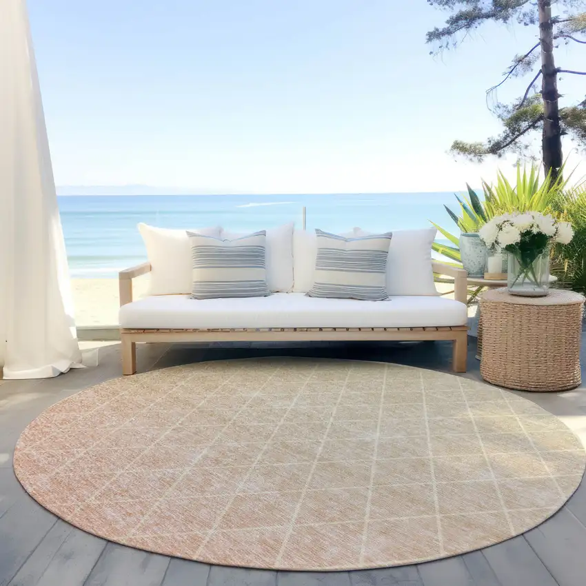 8' Salmon And Beige Round Geometric Washable Indoor Outdoor Area Rug Photo 6