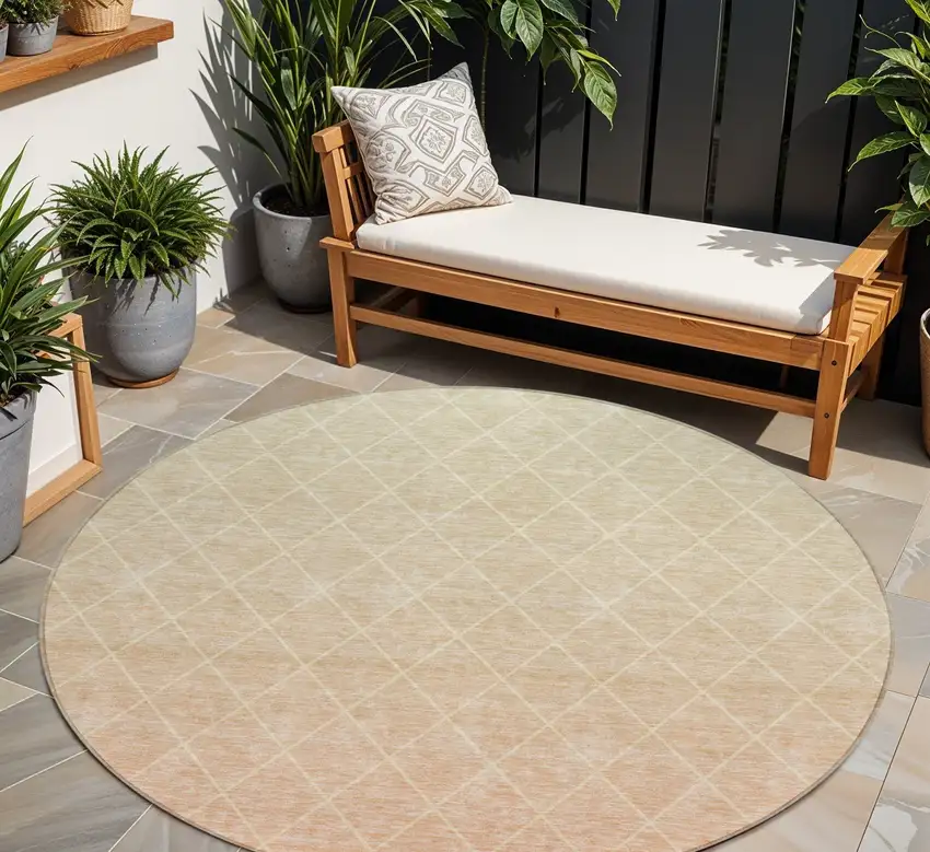8' Salmon And Beige Round Geometric Washable Indoor Outdoor Area Rug Photo 1