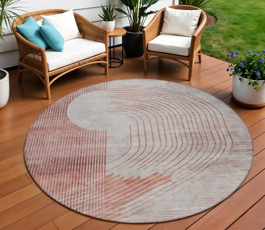 8' Salmon And Beige Round Geometric Washable Indoor Outdoor Area Rug Photo 2