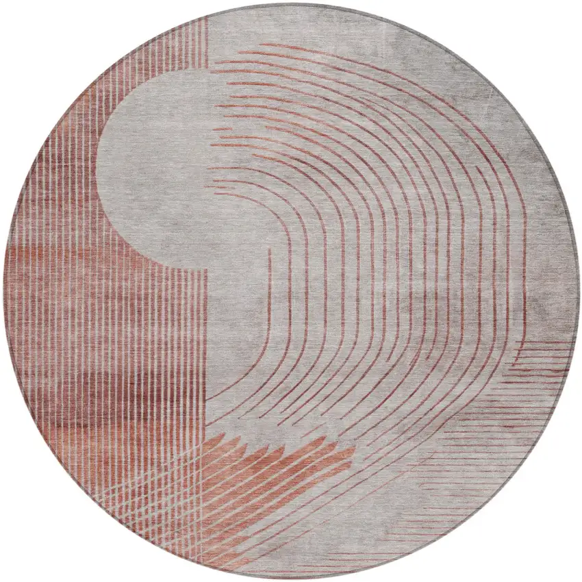8' Salmon And Beige Round Geometric Washable Indoor Outdoor Area Rug Photo 1