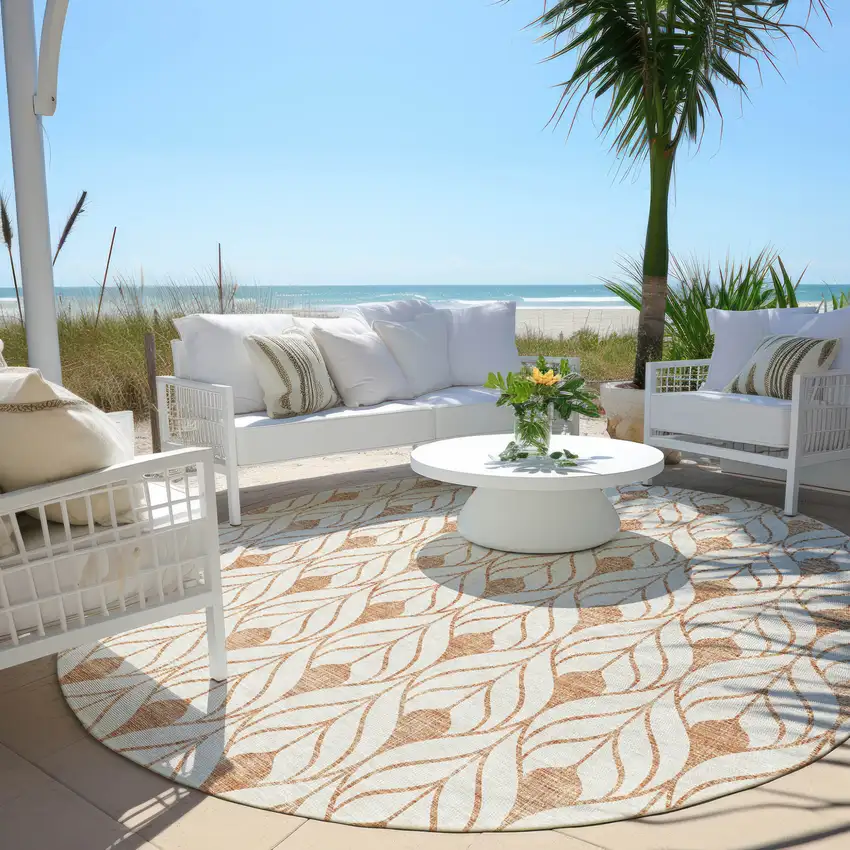 8' Salmon And Beige Round Geometric Washable Indoor Outdoor Area Rug Photo 6