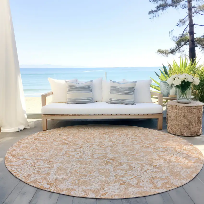 8' Salmon And Beige Round Medallion Washable Indoor Outdoor Area Rug Photo 6