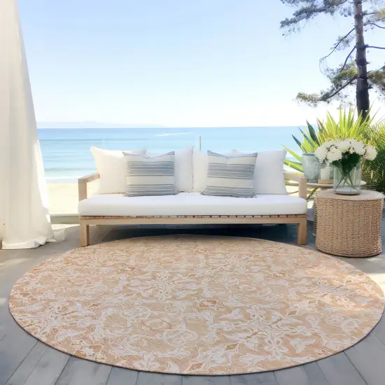 8' Salmon And Beige Round Medallion Washable Indoor Outdoor Area Rug Photo 6