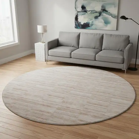 8' Salmon And Beige Striped Washable Round Rug With UV Protection Photo 2