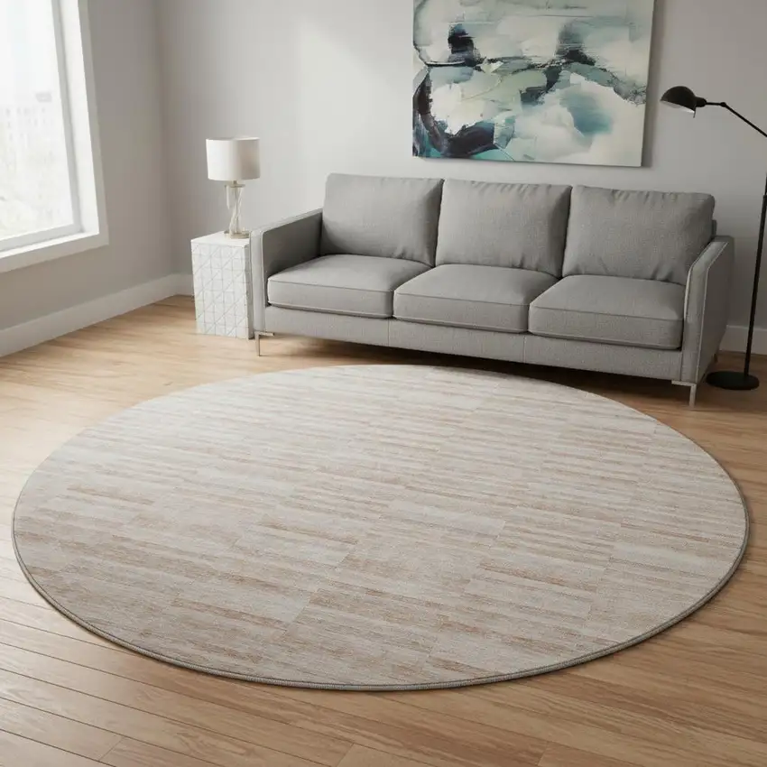 8' Salmon And Beige Striped Washable Round Rug With UV Protection Photo 2