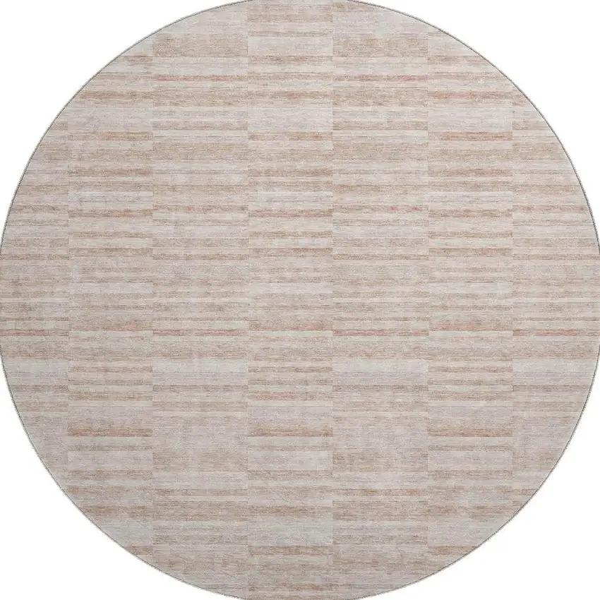 8' Salmon And Beige Striped Washable Round Rug With UV Protection Photo 3