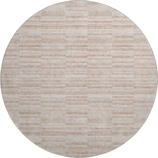 8' Salmon And Beige Striped Washable Round Rug With UV Protection Photo 1