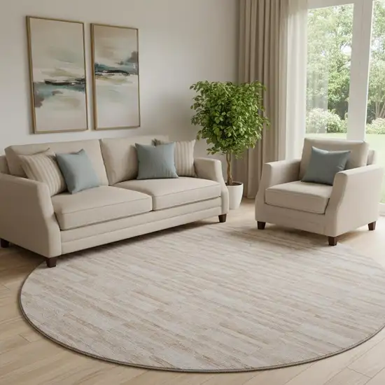 8' Salmon And Beige Striped Washable Round Rug With UV Protection Photo 1