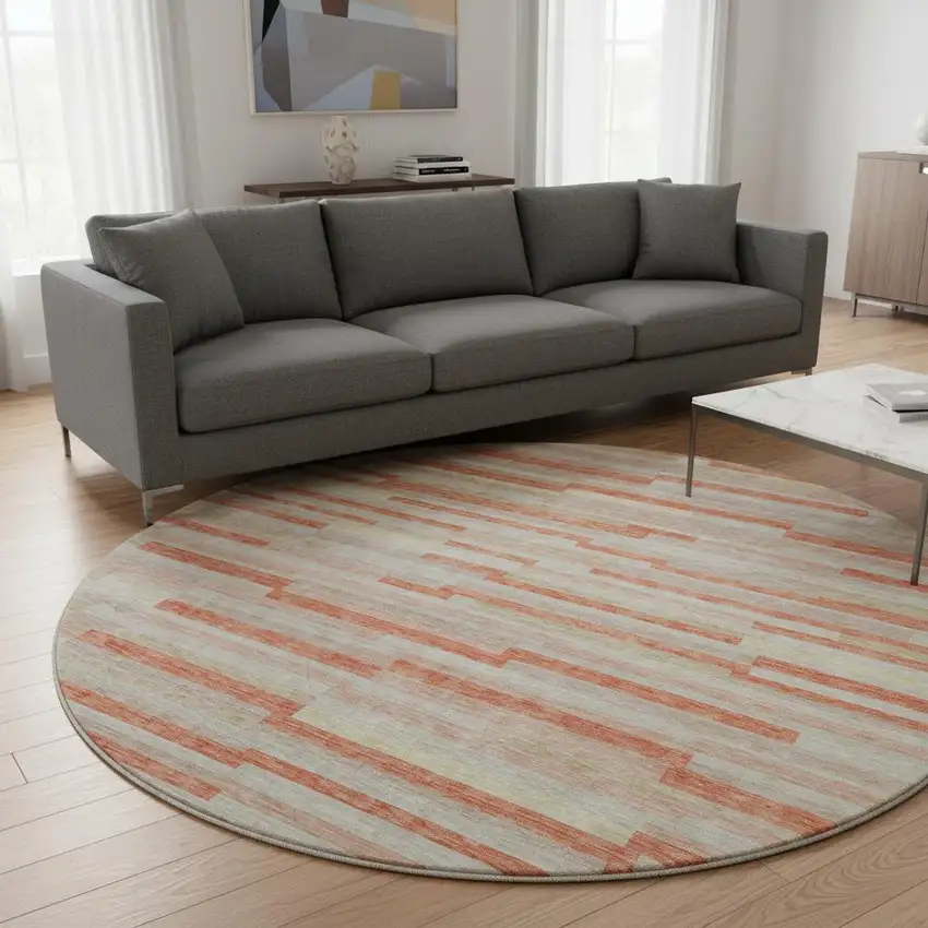 8' Salmon And Beige Striped Washable Round Rug With UV Protection Photo 2