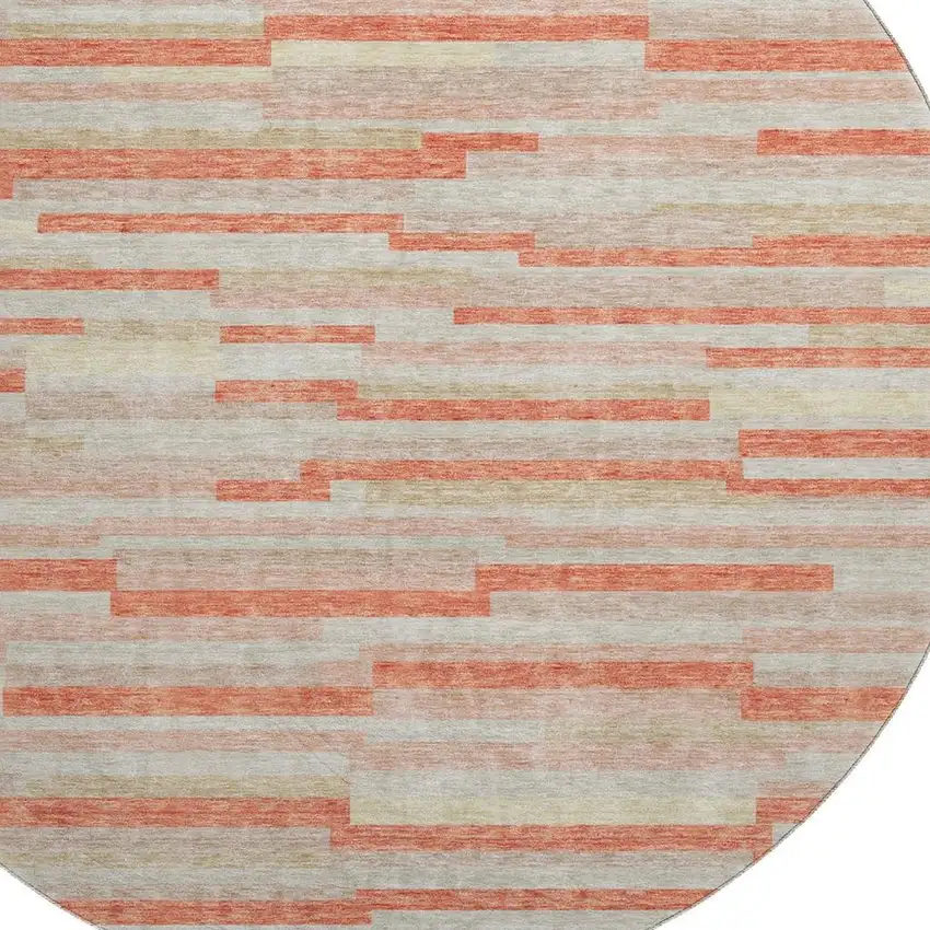 8' Salmon And Beige Striped Washable Round Rug With UV Protection Photo 3