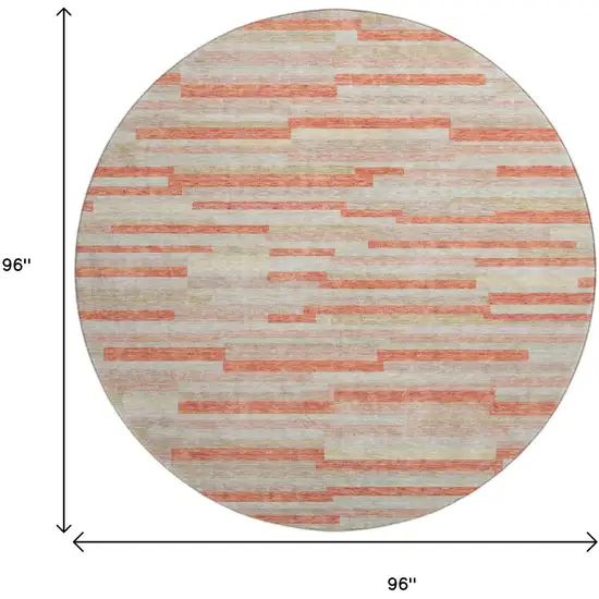 8' Salmon And Beige Striped Washable Round Rug With UV Protection Photo 9