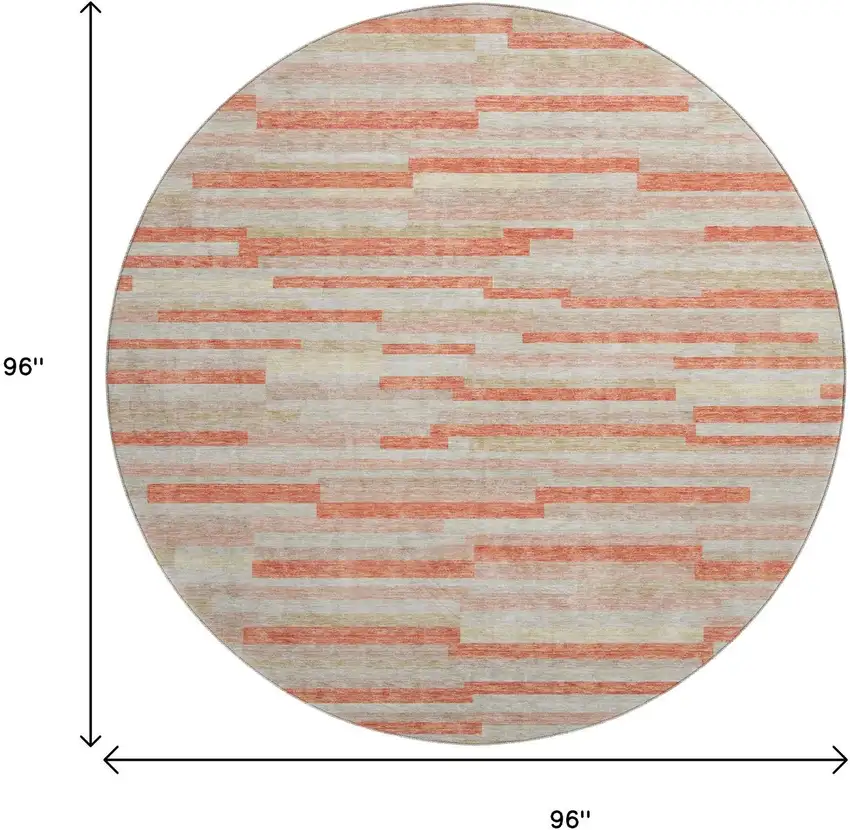 8' Salmon And Beige Striped Washable Round Rug With UV Protection Photo 9
