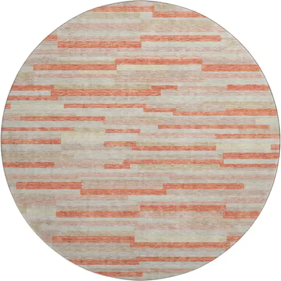 8' Salmon And Beige Striped Washable Round Rug With UV Protection Photo 1